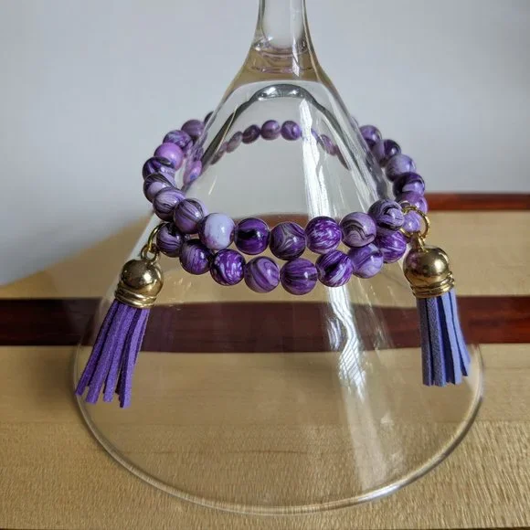 Purple jasper memory wire fashion bracelet with tassels - Picture 1 of 2